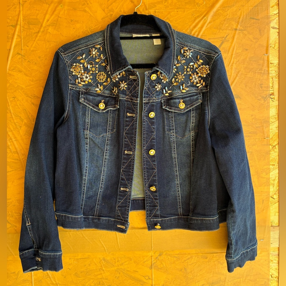 Chico's Navy Embellished Denim Jacket - Picture 3 of 10